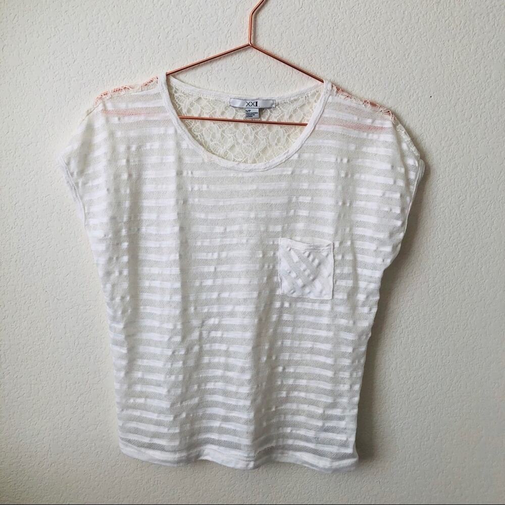 Forever 21 shadow stripe lace back pocket white cream top